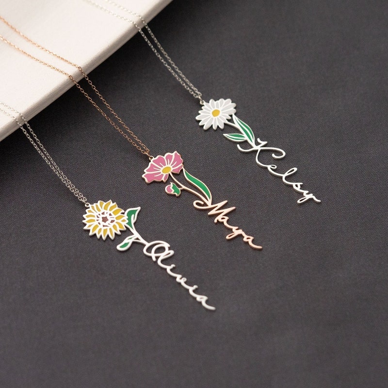 Personalisierte Geburtsblumenkette, personalisierte Namenskette, florale Namenskette, personalisierter Namensschmuck, personalisierte Geschenke für sie, Geburtstagsgeschenke