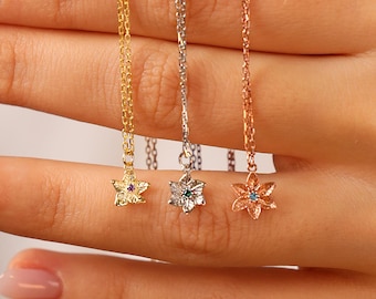 Birth Flower Necklace with Birthstone • Birth Month Necklace • Personalized Dainty Necklace • Birthday Gift • Christmas Gift