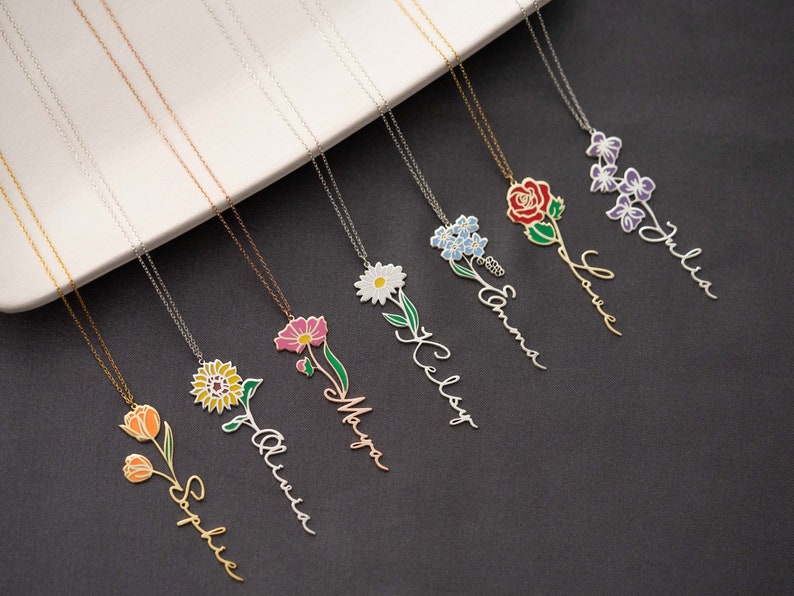 Personalized Birth Flower Necklace Custom Name Necklace Floral Name Necklace Custom Name Jewelry, Personalized Gifts For Her Birthday Gifts zdjęcie 6