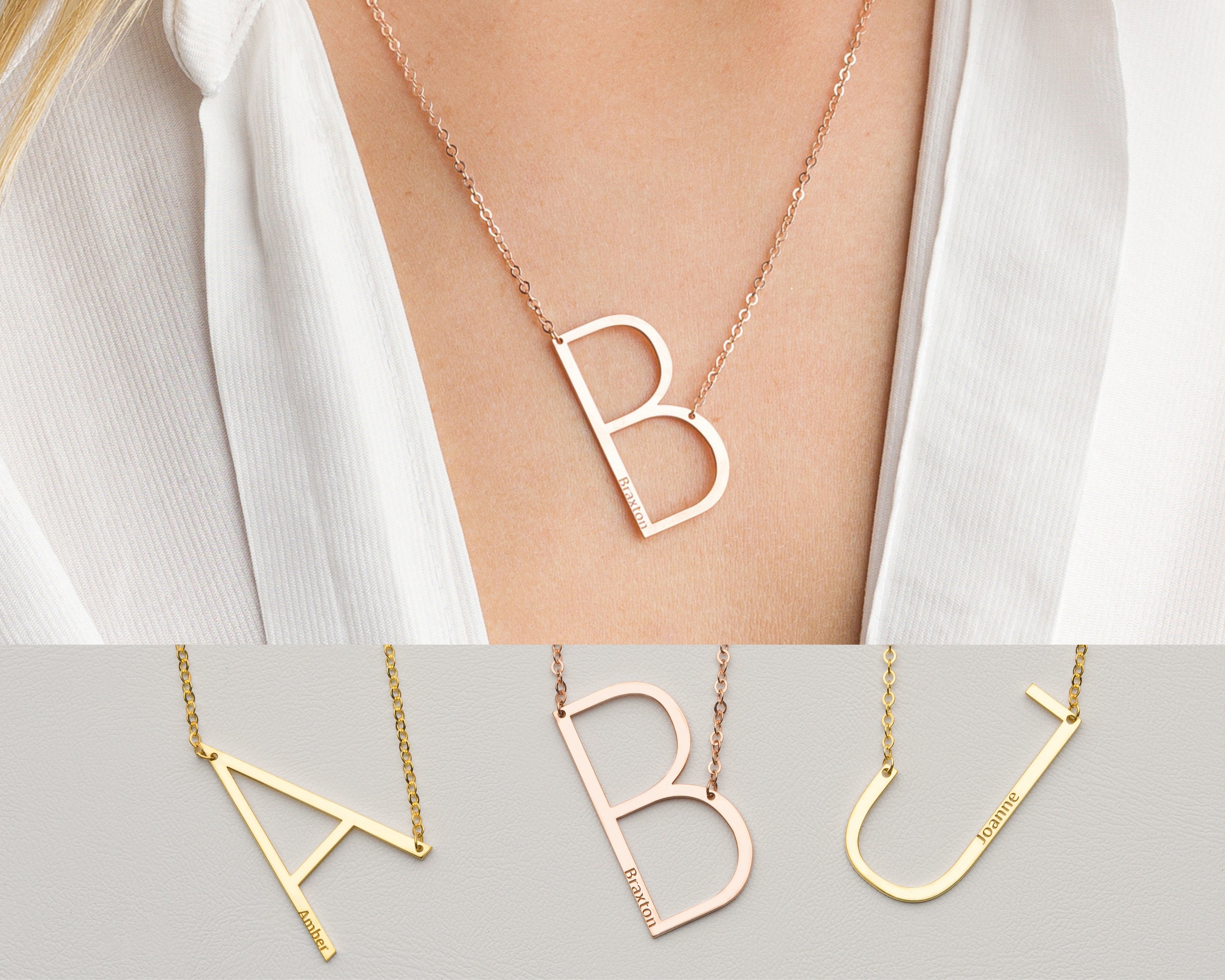14K Solid Gold Initial Necklace 14K Gold Letter Necklace Etsy