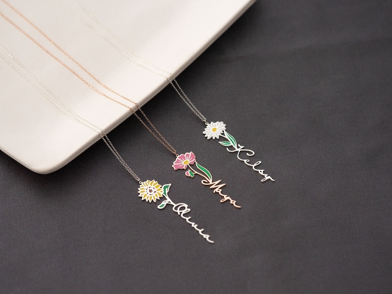 Personalized Birth Flower Necklace Custom Name Necklace Floral Name Necklace Custom Name Jewelry, Personalized Gifts For Her Birthday Gifts zdjęcie 1