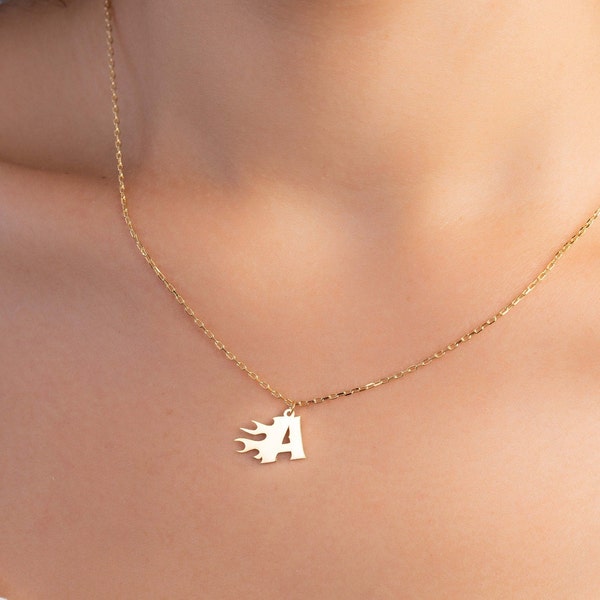 Silver Flame Letter Necklace, Initial Necklace, Custom Initial Gift Jewelry, Flame Letter Pendant, 925k Sterling Silver