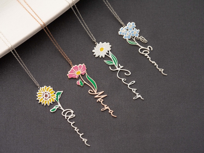 Personalized Birth Flower Necklace Custom Name Necklace Floral Name Necklace Custom Name Jewelry, Personalized Gifts For Her Birthday Gifts zdjęcie 5