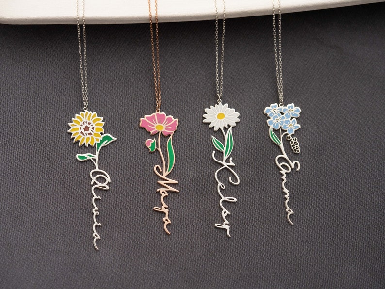 Personalized Birth Flower Necklace Custom Name Necklace Floral Name Necklace Custom Name Jewelry, Personalized Gifts For Her Birthday Gifts zdjęcie 3