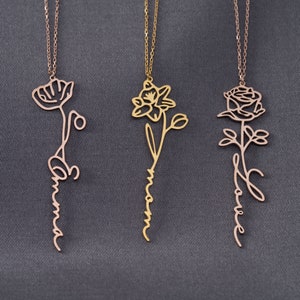 Collier prénom avec fleur de naissance, collier prénom floral, collier prénom personnalisé pour demoiselles d'honneur, cadeaux de Noël, cadeau d'anniversaire, argent sterling