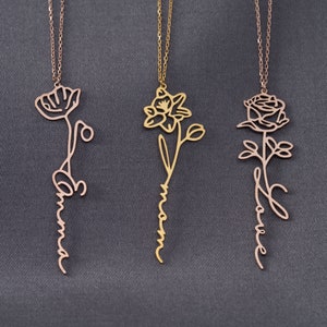 Collier prénom avec fleur de naissance, collier prénom floral, collier prénom personnalisé pour demoiselles d'honneur, cadeaux de Noël, cadeau d'anniversaire, argent sterling image 1