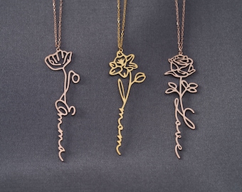 Namenskette mit Geburtsblume, Blumen Namenskette, benutzerdefinierte Namenskette für Brautjungfern, Weihnachtsgeschenke, Geburtstagsgeschenk, Sterling Silber