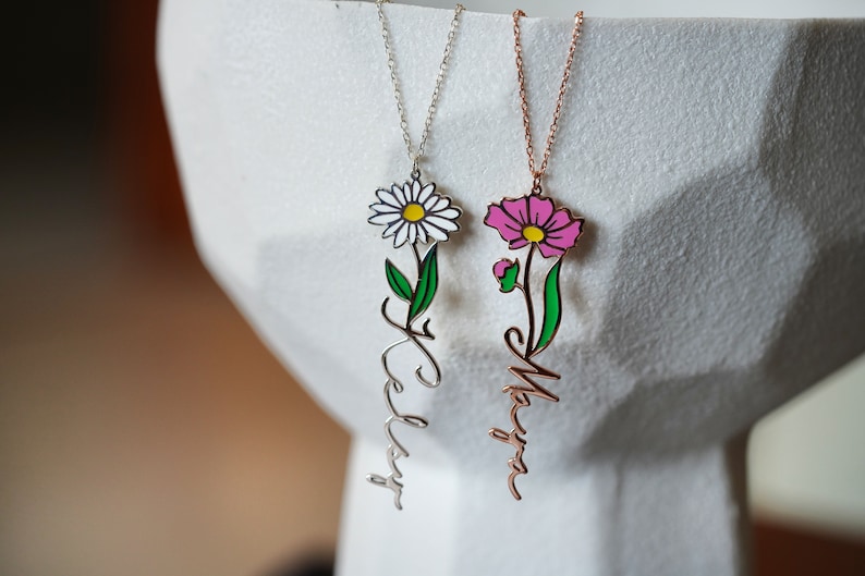 Personalized Birth Flower Necklace Custom Name Necklace Floral Name Necklace Custom Name Jewelry, Personalized Gifts For Her Birthday Gifts zdjęcie 7