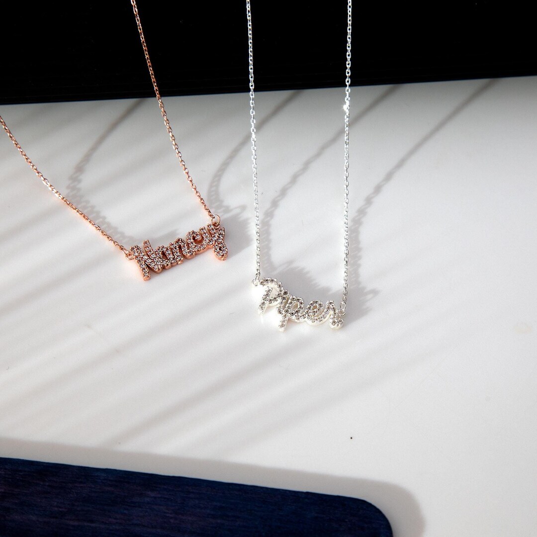 Custom Diamond Name Necklace - Pave Script Name Necklace - Personalized ...
