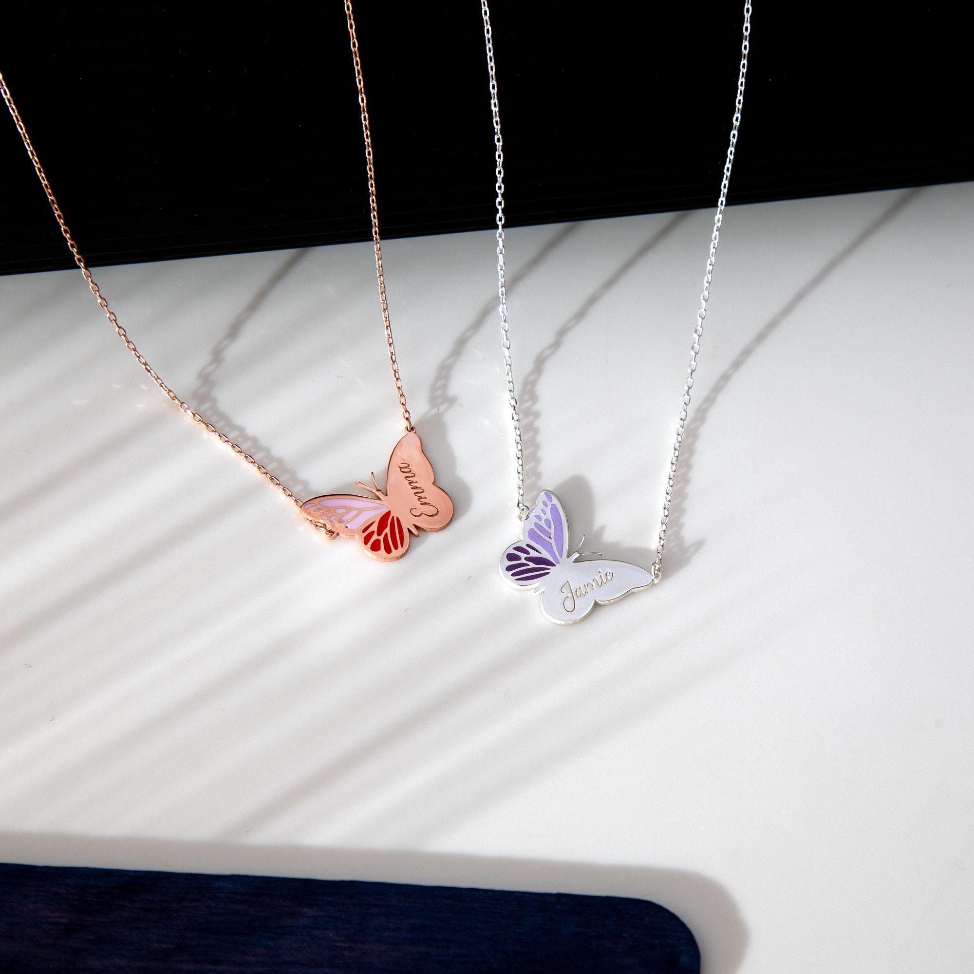 Personalized Silver Butterfly Necklace - Dainty Enamel Butterfly Pendant - Minimalist Jewelry