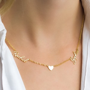 Collana con due nomi con cuore, collana con nome delicato, collana con nome d'oro, collana con 2 nomi, gioielli personalizzati, regalo per la festa della mamma