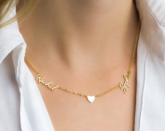 Collier de deux noms avec coeur, collier de nom délicat, collier de nom d'or, collier de 2 noms, bijoux personnalisés, cadeau de fête des mères