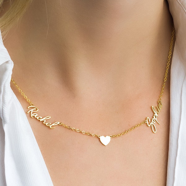 Two Name Necklace with Heart, Dainty Name Necklace, Gold Name Necklace, 2 names necklace, Personalized Jewelry, Mothers Day Gift