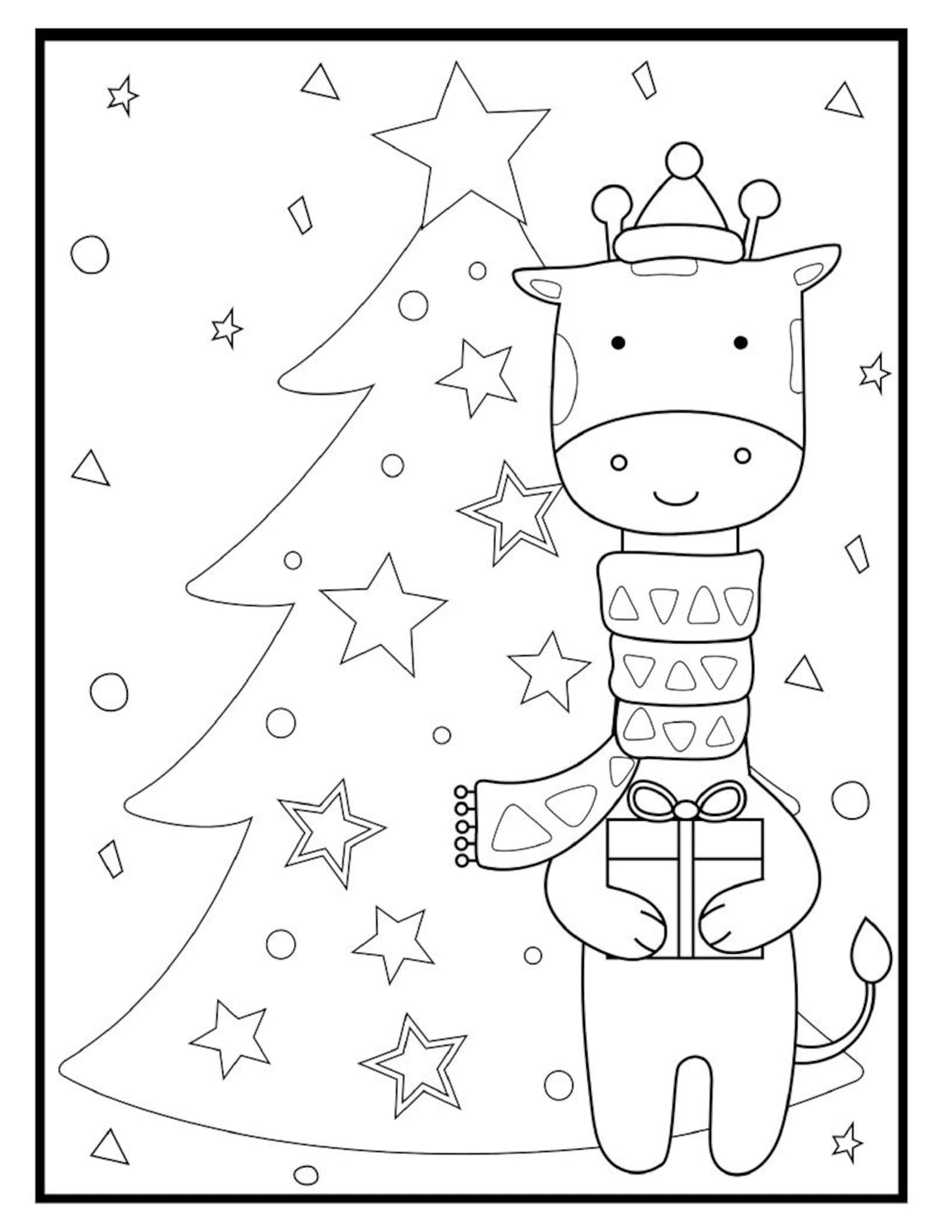 Christmas Coloring Page With Giraffe Etsy