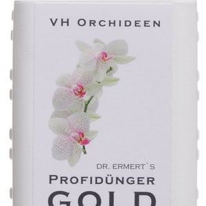 Könnte beinhalten: Eine weiße Plastikflasche mit gelbem Deckel, beschriftet mit "VH Orchideen Dr. Ermert's Profidünger Gold Für Ihre Orchideen www.vhorchideen.de 250 ml". Die Flasche zeigt eine weiße Orchideenblüte mit rosa Akzenten.