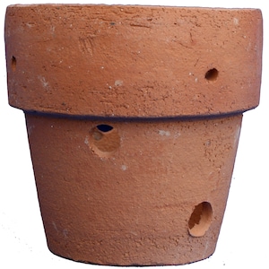 Può includere: Vaso di terracotta con fori di drenaggio. Il vaso è di colore marrone chiaro e ha una texture ruvida.