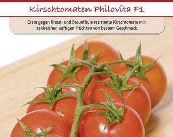 Op de afbeelding: Close-up van een tros rode cherrytomaten aan een wijnstok. De tomaten zijn rijp en sappig, met een gladde, glanzende schil. De tekst op de verpakking luidt "Dürr Samen Kirschtomaten Philovita F1. Erste gegen Kraut- und Braunfäule resistente Kirschtomate mit zahlreichen saftigen Früchten von bestem Geschmack. Saatgutansicht."
