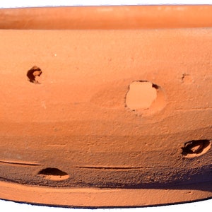 Peut inclure: Un bol en terre cuite de forme ronde avec un bord large. Le bol est percé de nombreux petits trous répartis uniformément sur toute sa surface.