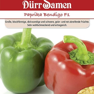 Può includere: Due peperoni, uno verde e uno rosso, con il testo "Dürr Samen Paprika Bendigo F1" e "Große, blockförmige, dickwandige und schwere, grün- und rot abreifende Früchte. Sehr wohlschmeckend und ertragreich."  e "Saatgutansicht" sulla confezione.