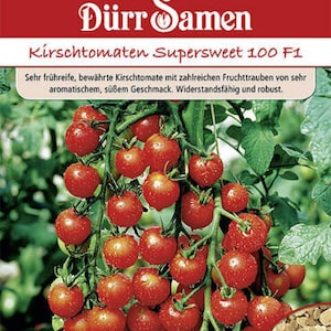Puede incluir: Primer plano de una rama de tomates cherry rojos, con el texto "Dürr Samen Kirschtomaten Supersweet 100 F1" y "Sehr frühreife, bewährte Kirschtomate mit zahlreichen Fruchttrauben von sehr aromatischem, süßem Geschmack. Widerstandsfähig und robust. Saatgutansicht" en el paquete.