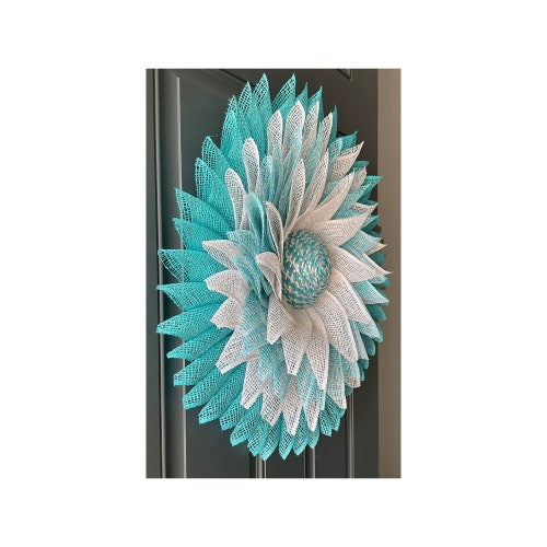 Beach Wreath in Turquoise for front Door, Pinwheel Beachy Starburst Flower Decor for Lanai, shops Pouf Designs by Valerie