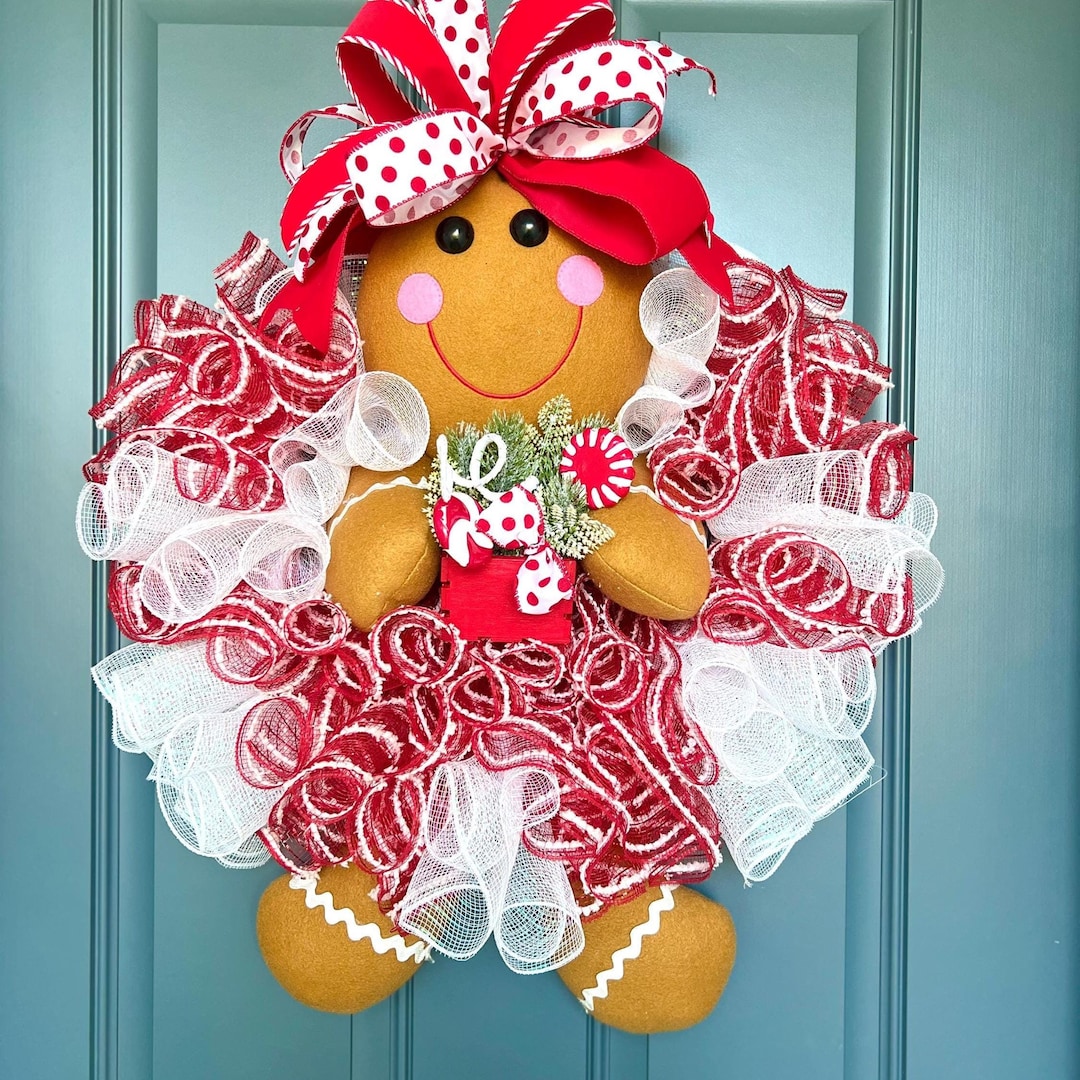 Gingerbread Girl Christmas Peppermint Wreath for Front Door ...