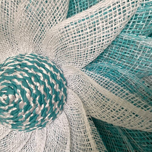 Beach Wreath in Turquoise for front Door, Pinwheel Beachy Starburst Flower Decor for Lanai, shops Pouf Designs by Valerie