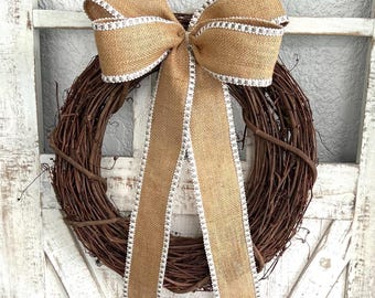 Burlap Bow for Wreath, Large Burlap Bow, Wreath Bow, Lantern Bow, Carriage Light Burlap Bow, Large Tan Bow for Wreath, Large Neutral Bow