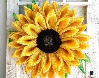 Yellow Sunflower Wreath with Leaves Sunflower Door Decoration for Front Door Flower Wreath Summertime Wreath Lanai Decor