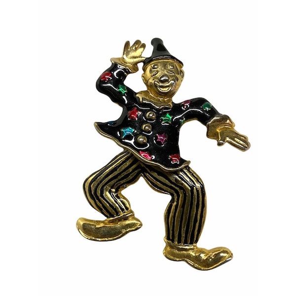 Vintage Gold Tone Clown Brooch Jester Joker Pin Moveable Jewelry 2 1/2”
