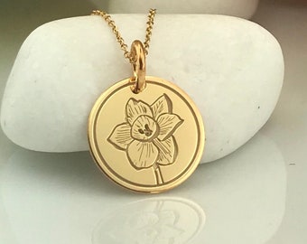 Echte 14k Solid Gold Narzisse Halskette, personalisierte Gold Narzisse Anhänger, zarte Narzisse Charme, Dezember Geburtsblume Narzisse