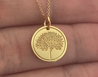 Real 14k Solid Gold Chrysanthemum Necklace, Personalized Chrysanthemum Pendant, Delicate Birth Flower Charm, November Birthday Gift Jewelry