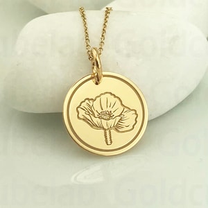 Real 14k Solid Gold Poppy Necklace, Personalized Gold Poppy Pendant, Delicate Poppy Charm, August Birth Flower, Poppy Flower Jewelry