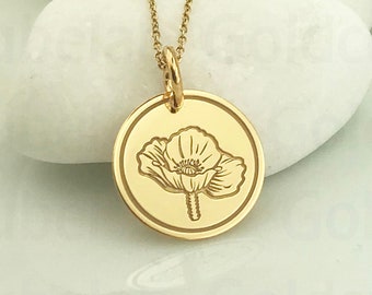 Real 14k Solid Gold Poppy Necklace, Personalized Gold Poppy Pendant, Delicate Poppy Charm, August Birth Flower, Poppy Flower Jewelry