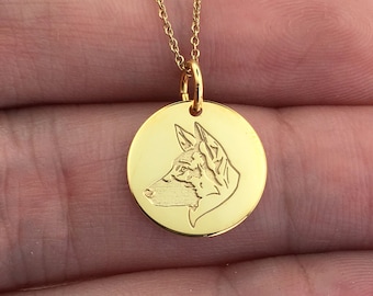 Real 14k Solid Gold German Shepherd Necklace, Personalized Gold German Shepherd Pendant, Charm Dog Coin Necklace, Dainty Dog Jewelry
