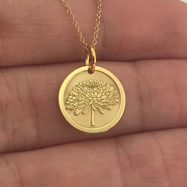 Halsband i äkta 14k massivt guld med krysantemum, personligt krysantemumhänge, läckert krysantemumsmycke, present till blomma vid novemberfödelse