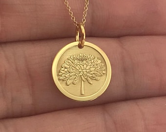 Real 14k Solid Gold Chrysanthemum Necklace, Personalized Chrysanthemum Pendant, Dainty Chrysanthemum Jewelry, November Birth Flower Gift