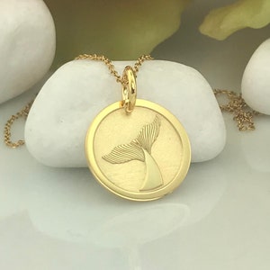 Real 14k Solid Gold Whale Tail Necklace, Personalized Whale Tail Pendant, Whale Tail Charm Jewelry, Gold Whale Tail Disc, Ocean Pendant Gift