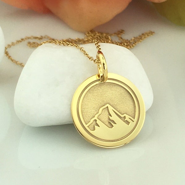 Real 14k Solid Gold Mountain Necklace, Personalized Mountain Pendant, Dainty Mountain Gold Disc, Charm Mountain Pendant, Wanderlust Jewelry