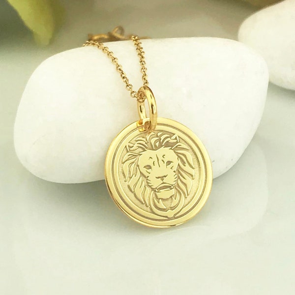 Véritable collier de tête de lion en or massif 14k, pendentif de lion personnalisé, bijoux de lion africain de charme, tête de roi de lion de disque d'or, collier d'animal