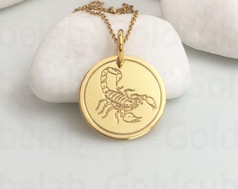 14k Solid Gold Scorpio Necklace, Personalized Scorpio Pendant, Charm Scorpio Disc, Animal Gold Jewelry, Medallion Scorpio Zodiac
