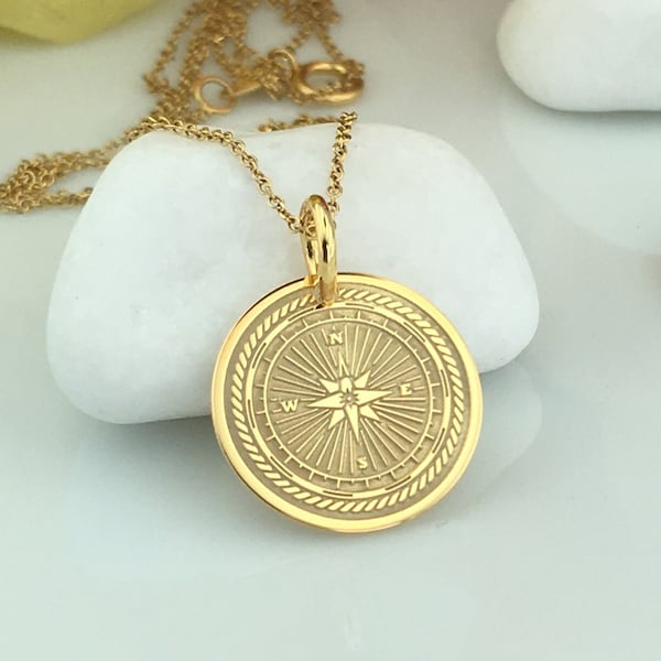 Real 14k Solid Gold Compass Necklace, Personalized Compass Pendant, Gold Compass Graduation Gift, Gold Compass Charm, Dainty Compass Jewelry