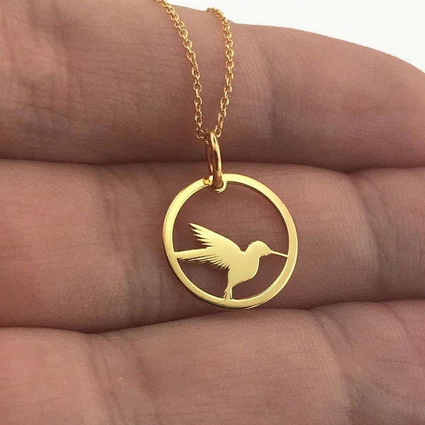 Collana con colibrì in vero oro massiccio 14k, ciondolo con colibrì in oro personalizzato, delicato ciondolo con colibrì, gioielli con colibrì