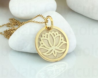 Real 14k Solid Gold Lotus Necklace, Personalized Lotus Pendant, Birth Flower Lotus, Delicate Gold Lotus Coin Necklace, Charm Lotus Jewelry