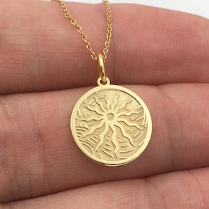 Real 14k Solid Gold Sunbeam Necklace, Personalized Sunbeam Pendant, Gold Sunshine Charm Jewelry, Dainty Sunbeam Medallion, Gold Sunbeam Coin