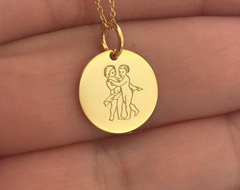 Real 14k Solid Gold Gemini Zodiac Necklace, Personalized Gold Gemini Zodiac Pendant, Delicate Gemini Zodiac Charm, Minimalist Women Zodiac