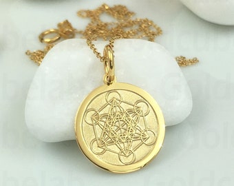 Real 14k Solid Gold Metatron Necklace, Personalized Metatron Cube Pendant, Sacred Geometry Jewelry, Meditation Necklace, Protection Pendant