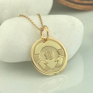 Real 14k Solid Gold Claddagh Necklace, Personalized Celtic Claddagh Heart Hands Pendant, Irish Claddagh Symbol, Dainty Heart Love Friendship