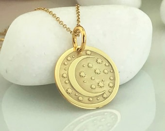 Real 14k Solid Gold Moon Necklace, Personalized Moon Pendant, Crescent Moon Necklace, Dainty Gold Moon Charm Jewelry, 14k Gold Moon Disc