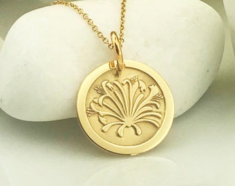 Real 14k Solid Honeysuckle Necklace, Personalized Gold Honeysuckle Pendant, Delicate Honeysuckle Charm Jewelry, June Birth Flower Gift